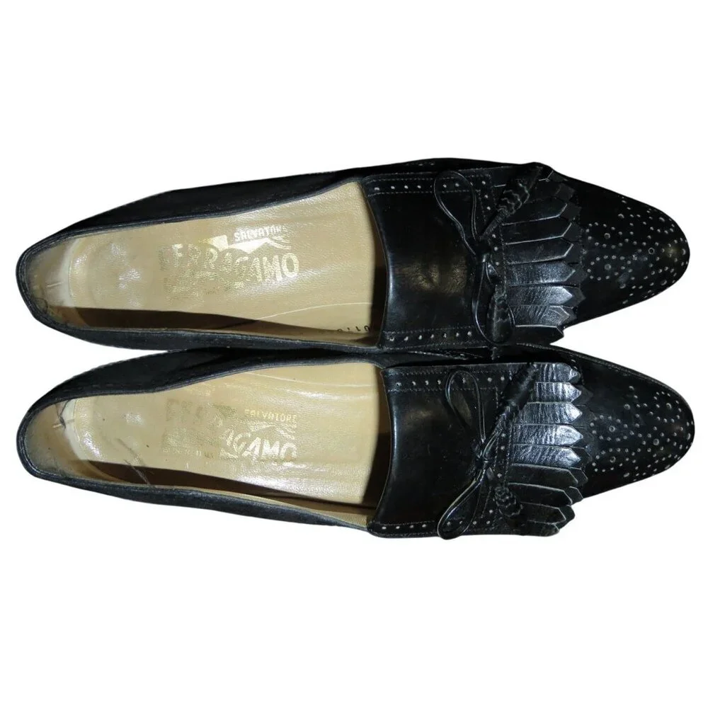 Salvatore Ferragamo Kiltie Black Italian Mixed Leather & Suede Fringe Loafers 8